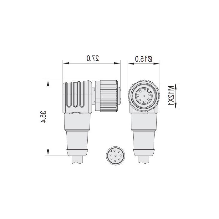 M12 8Pin, female 90°, single-end precast PUR flexible cable, shielded, black sheathed, 64S343-XXX